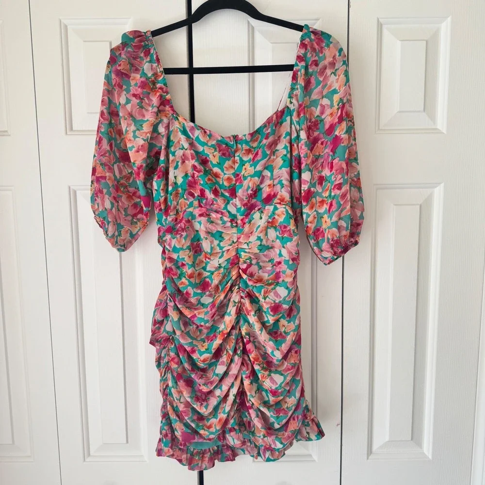 Hello Molly Teal Pink Floral Ruched Puff Sleeve Mini Dress Size 6 US 10 AU